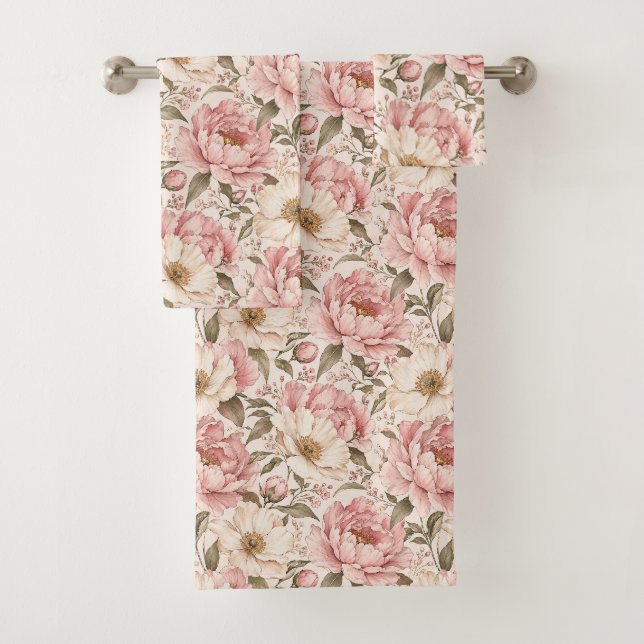 Vintage Blooming Peonies Pattern Bath Towel Set (Insitu)