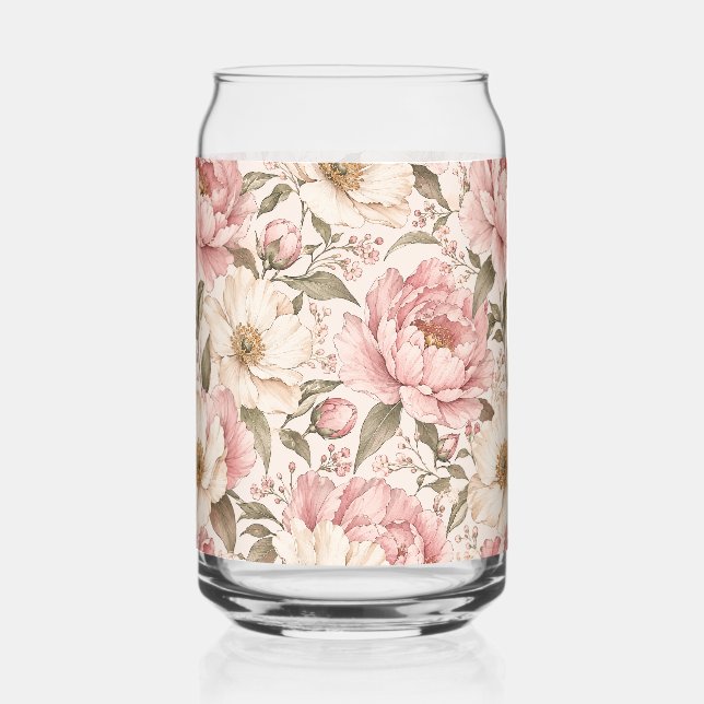 Vintage Blooming Peonies Pattern Can Glass (Front)