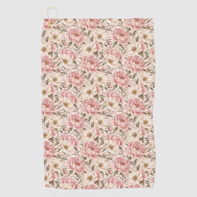Vintage Blooming Peonies Pattern Golf Towel (Front)