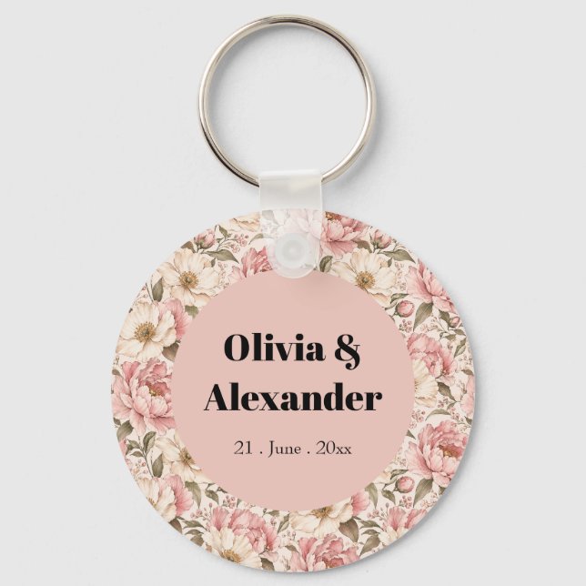 Vintage Blooming Peonies Pattern Key Ring (Front)