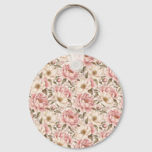 Vintage Blooming Peonies Pattern Key Ring