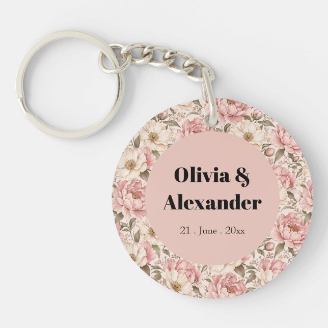 Vintage Blooming Peonies Pattern Key Ring (Front)