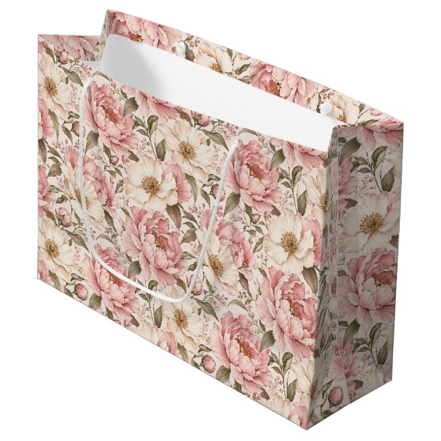 Vintage Blooming Peonies Pattern Large Gift Bag (Front Angled)