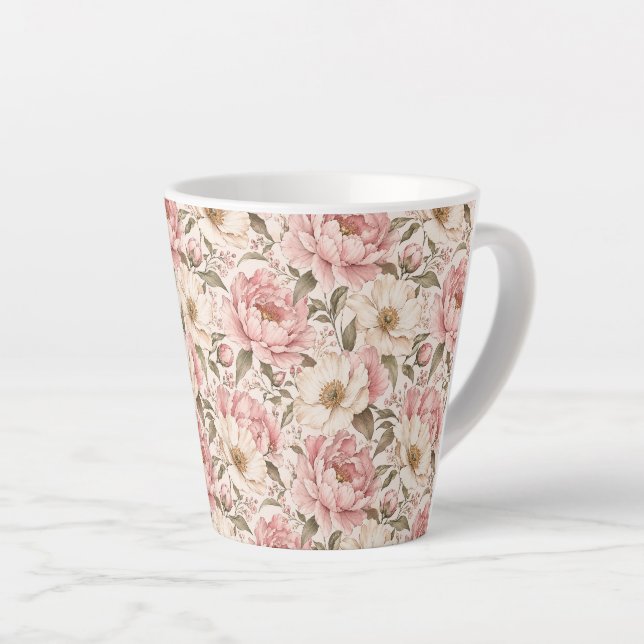 Vintage Blooming Peonies Pattern Latte Mug (Right Angle)