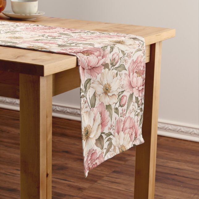 Vintage Blooming Peonies Pattern Long Table Runner (In Situ)