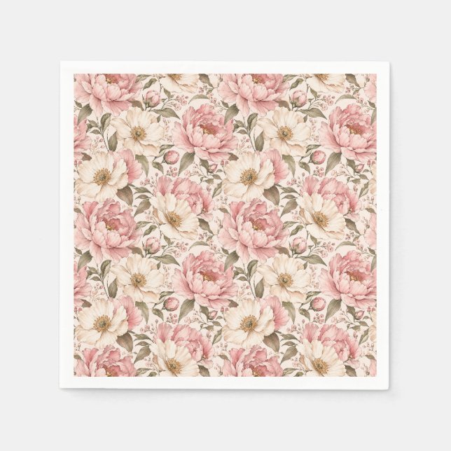 Vintage Blooming Peonies Pattern Napkin (Front)