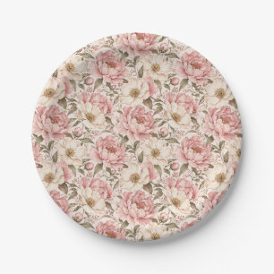 Vintage Blooming Peonies Pattern Paper Plate