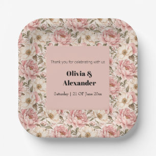 Vintage Blooming Peonies Pattern Paper Plate