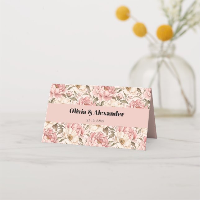 Vintage Blooming Peonies Pattern Place Card (Front)