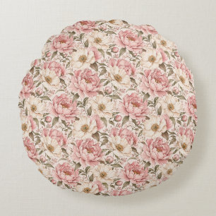Vintage Blooming Peonies Pattern Round Cushion