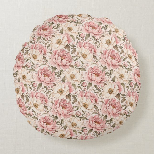 Vintage Blooming Peonies Pattern Round Cushion (Front)