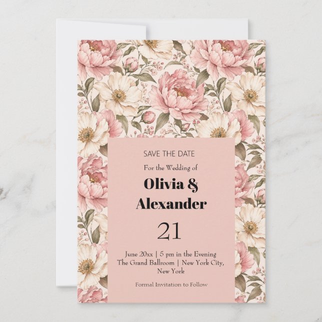 Vintage Blooming Peonies Pattern Save The Date (Front)
