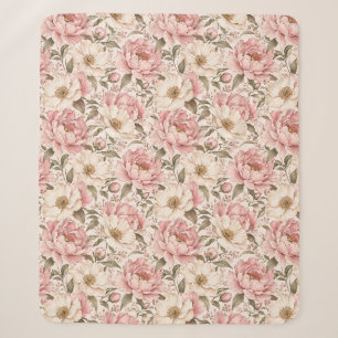 Vintage Blooming Peonies Pattern Sherpa Blanket
