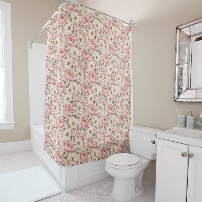 Vintage Blooming Peonies Pattern Shower Curtain (In Situ)