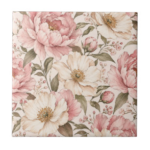 Vintage Blooming Peonies Pattern Tile