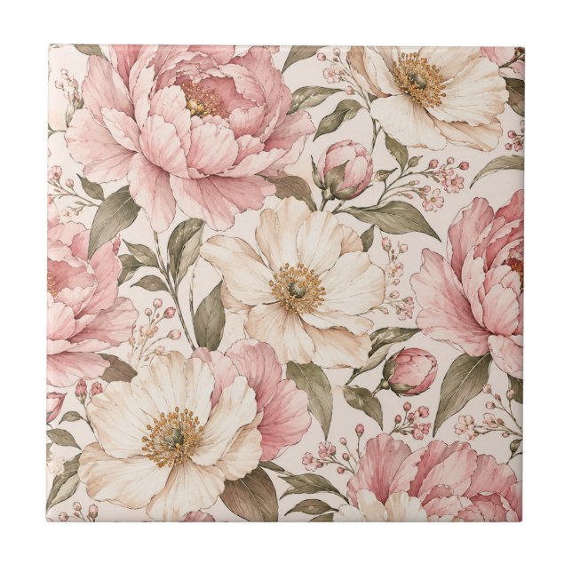 Vintage Blooming Peonies Pattern Tile (Front)