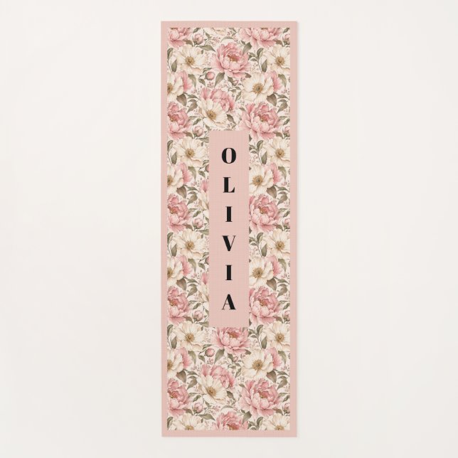 Vintage Blooming Peonies Pattern Yoga Mat (Front)