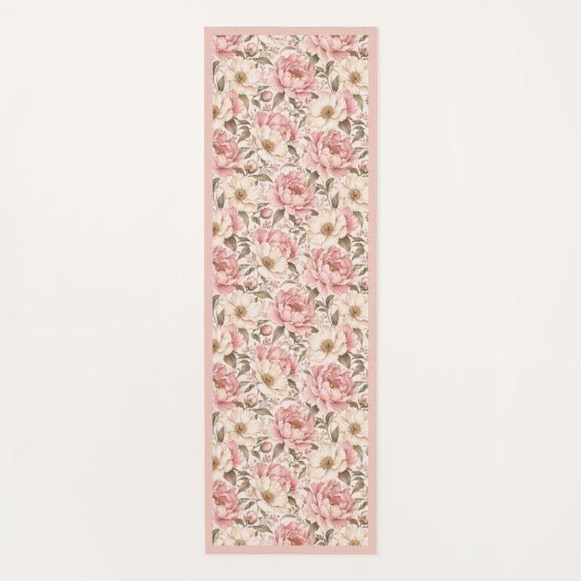 Vintage Blooming Peonies Pattern Yoga Mat (Front)
