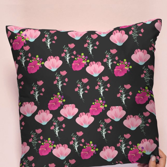 Vintage Blooming pink Floral pattern on black Cushion (Creator Uploaded)