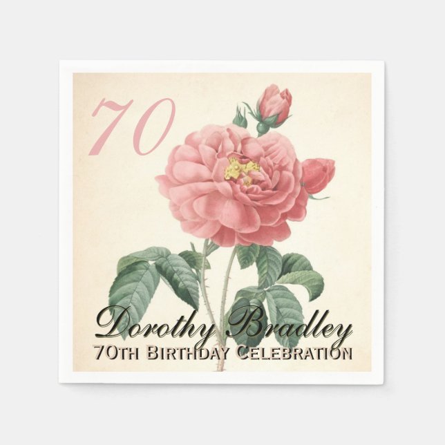 Vintage Blooming Rose 70th Birthday Party PN Napkin (Front)