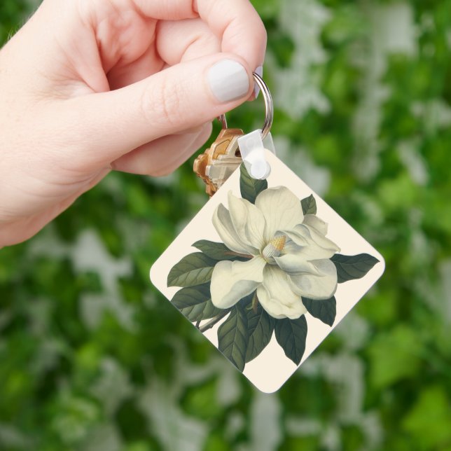 Vintage Blooming White Magnolia Blossom Flowers Key Ring (Hand)