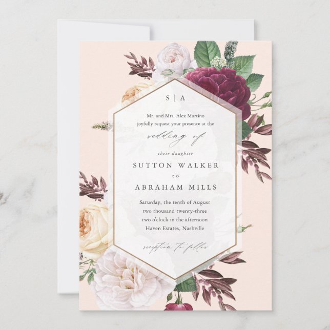 Vintage blooms floral wedding invitation (Front)