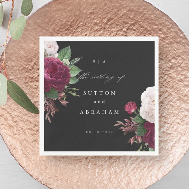 Vintage Blooms Floral Wedding Napkin (Vintage Floral Bouquet Black Wedding Napkins.)