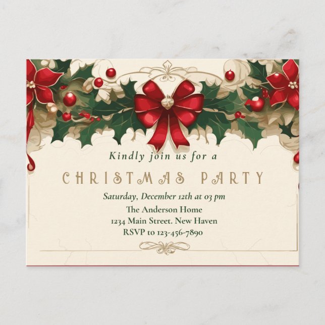 Vintage Blooms: Retro Christmas Invitation Postcard (Front)