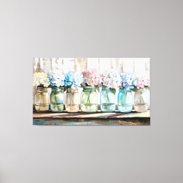 Vintage Blossom Hydrangea Mason Jars Canvas Print (Front)