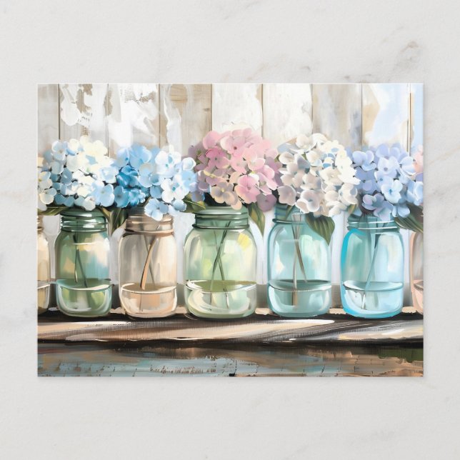 Vintage Blossom Hydrangea Mason Jars Holiday Postcard (Front)