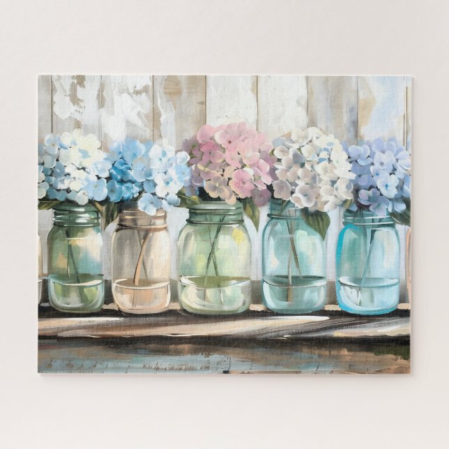 Vintage Blossom Hydrangea Mason Jars Jigsaw Puzzle (Horizontal)