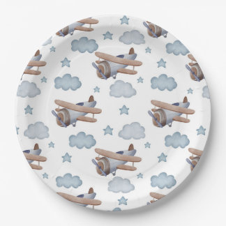 Vintage Blue Aeroplane Pilot Birthday Party Paper Plate