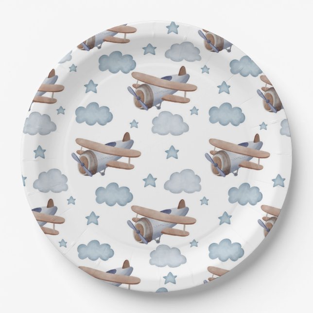 Vintage Blue Aeroplane Pilot Birthday Party Paper Plate (Front)