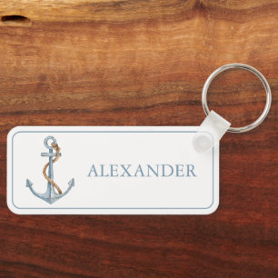 Vintage Blue Anchor With Rope Personalised Key Ring