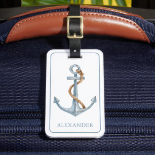 Vintage Blue Anchor With Rope Personalised Luggage Tag