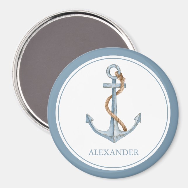 Vintage Blue Anchor With Rope Personalised Magnet (Front/Back)