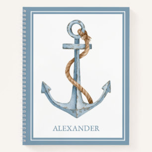 Vintage Blue Anchor With Rope Personalised Notebook