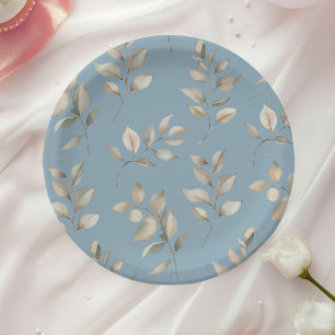 Vintage Blue and Beige Leaves Paper Plate
