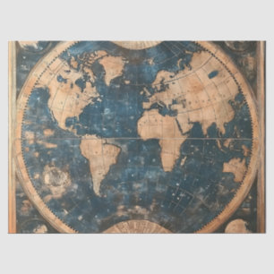 Vintage Blue and Gold Double Hemisphere World Map Tissue Paper