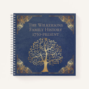 Vintage Blue and Gold Family Tree Genealogy Notebook