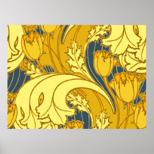 Vintage Blue and Gold Floral Pattern Art Poster