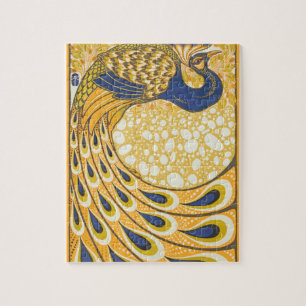Vintage Blue and Gold Peacock Plumes Art Nouveau Jigsaw Puzzle