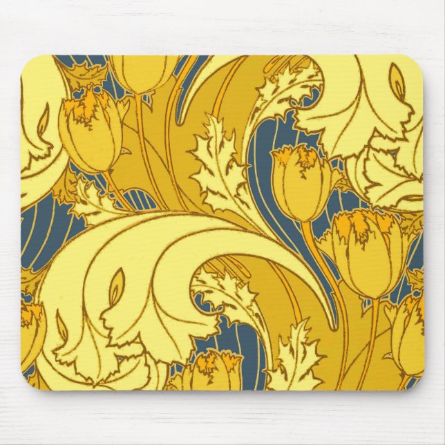 Vintage Blue and Gold Tulip Pattern Mouse Pad (Front)