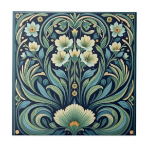 Vintage Blue And Green Art Nouveau Floral Tile