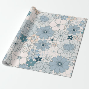 Vintage Blue and Peach Groovy Floral Boho Wrapping Paper