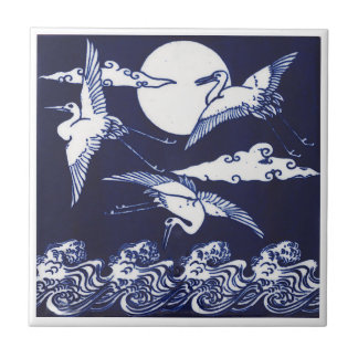Vintage Blue and White Cranes with Waves and Moon Tile