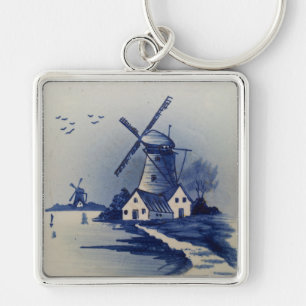 Vintage Blue and White Delft Artwork Painting Key Ring