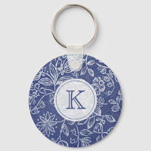Vintage Blue and White Floral Monogrammed Key Ring