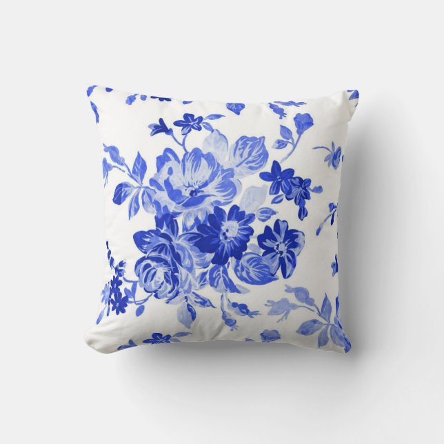 Vintage Blue and White Floral Pattern Cushion (Front)