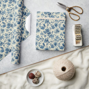 Vintage Blue and White Floral Pattern Design Set Wrapping Paper